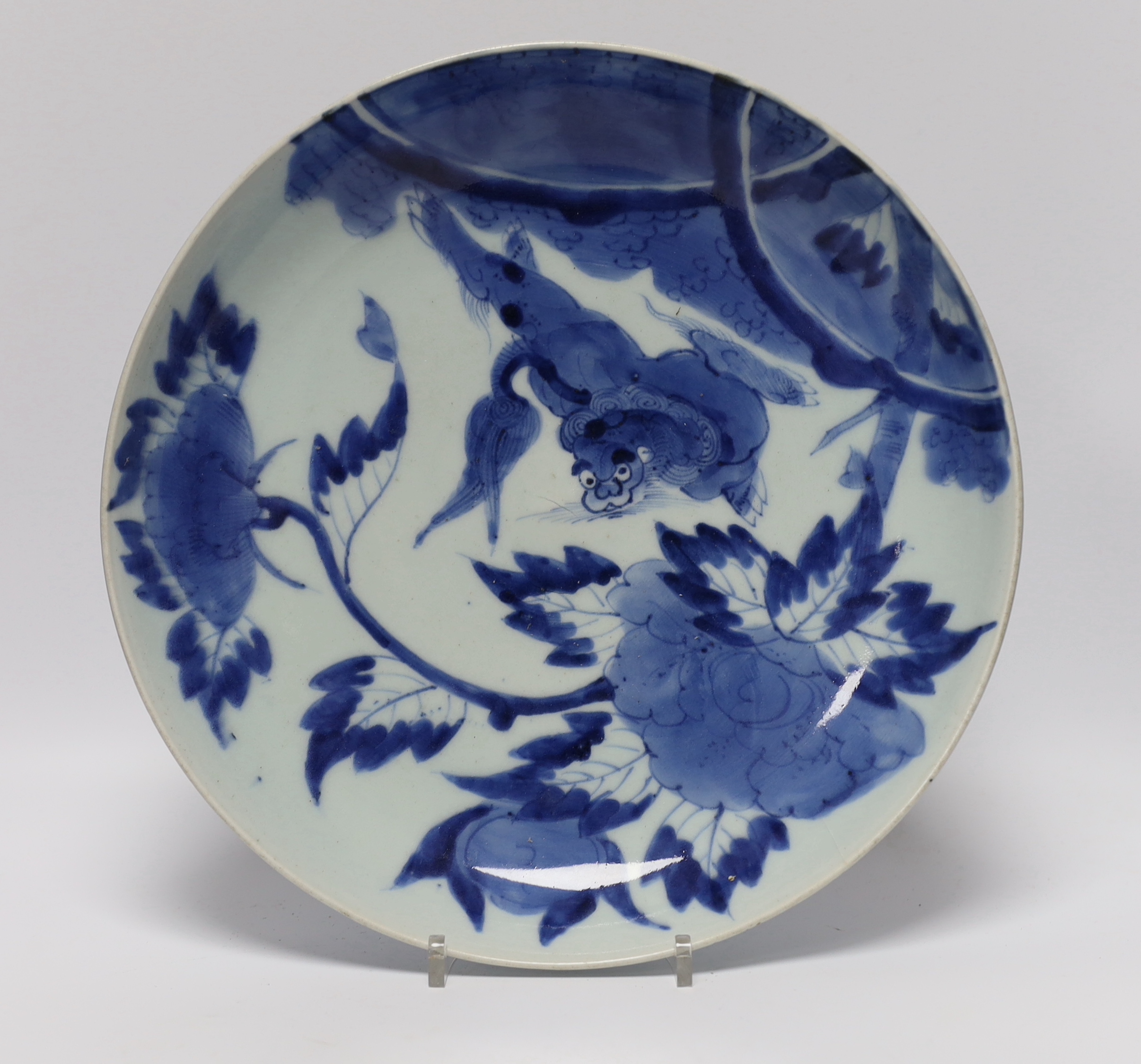 A Japanese blue and white dish, Edo Period and a signed blue and white koro with wood cover, largest 29cm diameter